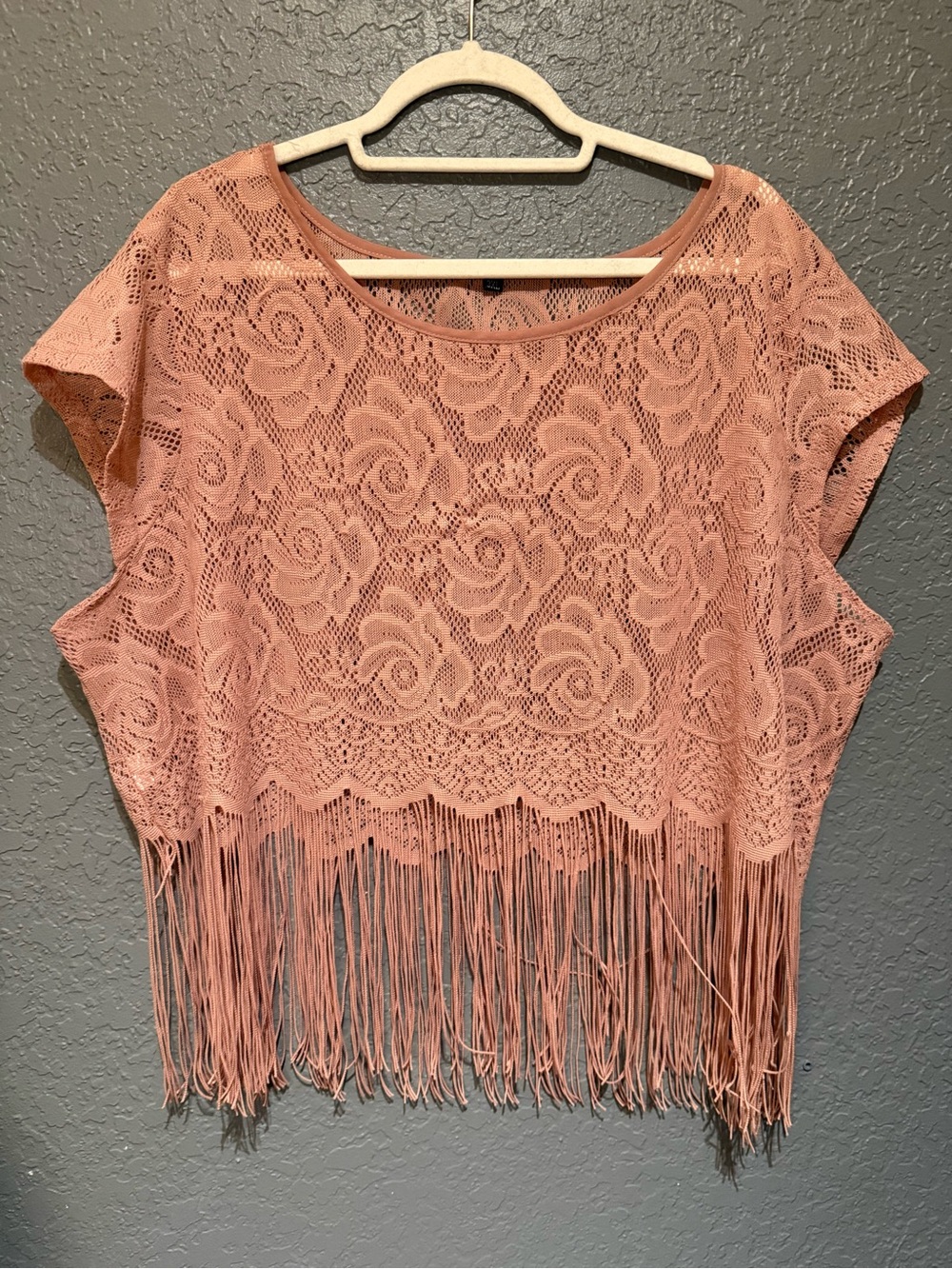 2X Lace Fringe Short Sleeve Top - Blush Pink
